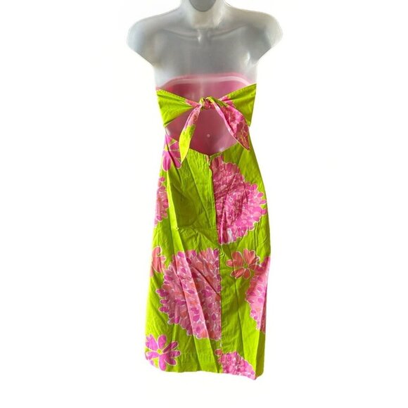 Lilly Pulitzer Strapless A-Line Dress Tie-Back Pink Lime Floral Women's Size 2 - Picture 4 of 7
